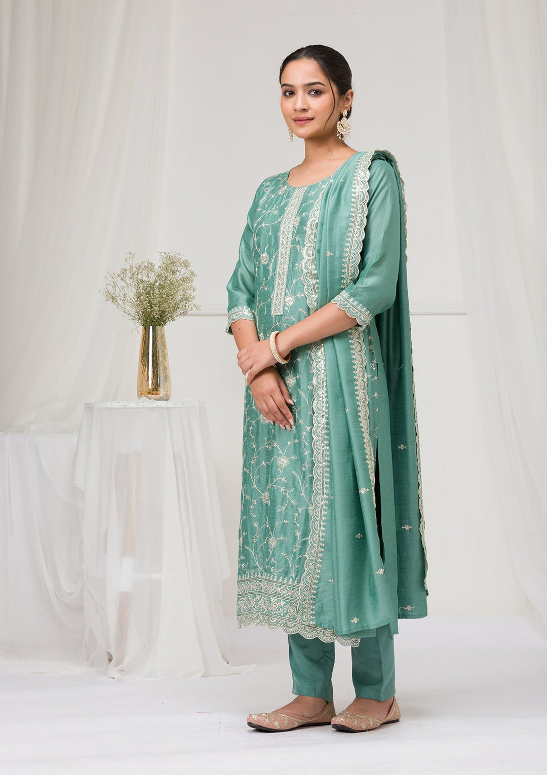 Sea Green Threadwork Raw Silk Readymade Salwar Suit-Koskii
