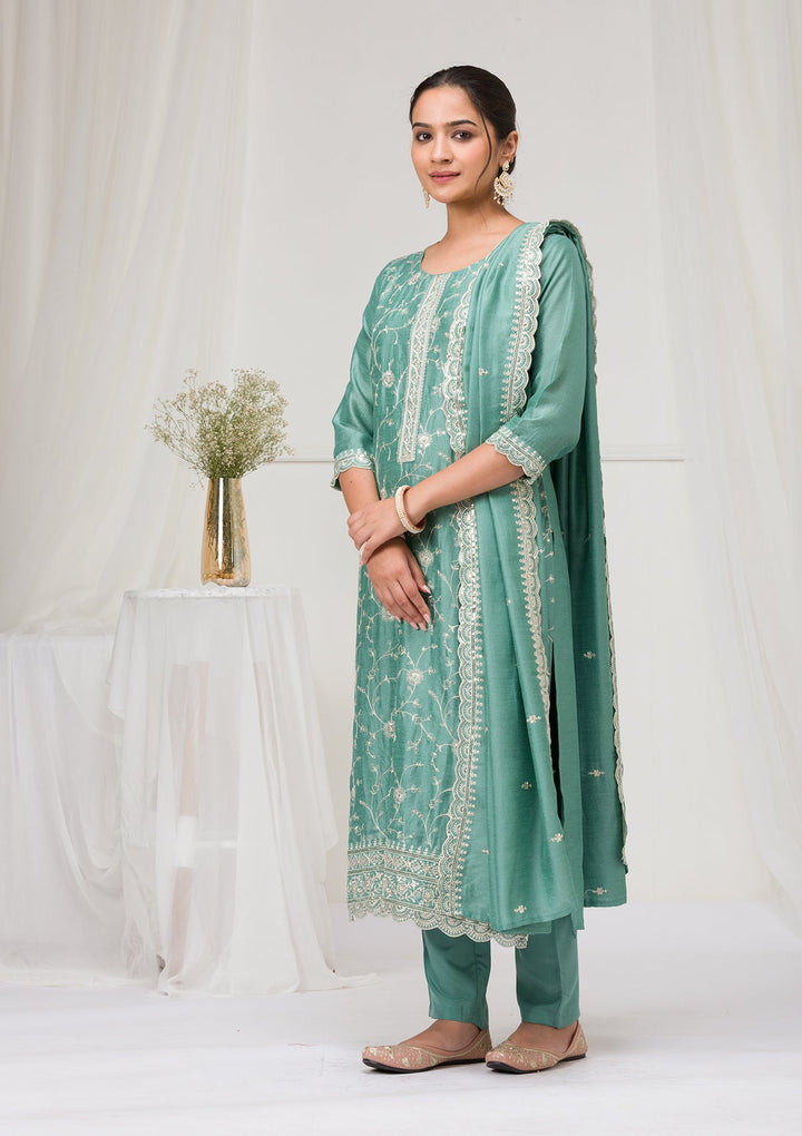 Sea Green Threadwork Raw Silk Readymade Salwar Suit-Koskii
