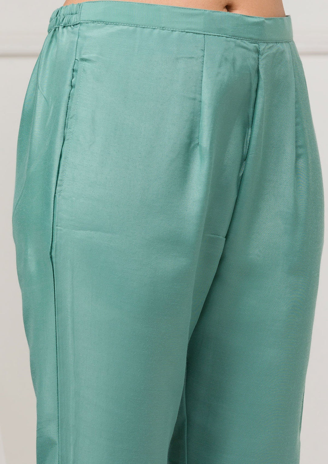 Sea Green Threadwork Raw Silk Readymade Salwar Suit-Koskii