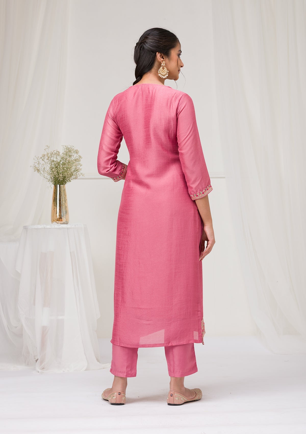 Onion Pink Threadwork Raw Silk Readymade Salwar Suit-Koskii