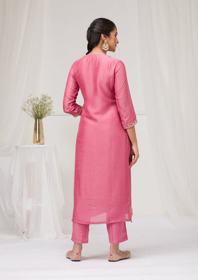 Onion Pink Threadwork Raw Silk Readymade Salwar Suit-Koskii