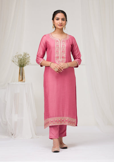 Onion Pink Threadwork Raw Silk Readymade Salwar Suit-Koskii