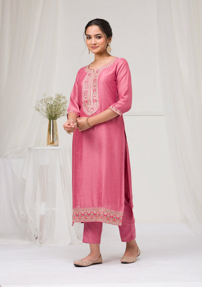 Onion Pink Threadwork Raw Silk Readymade Salwar Suit-Koskii
