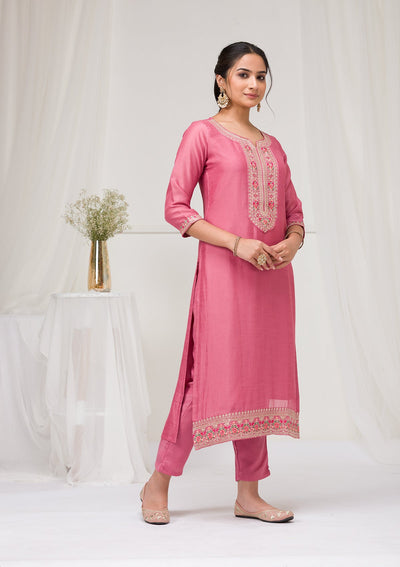 Onion Pink Threadwork Raw Silk Readymade Salwar Suit-Koskii