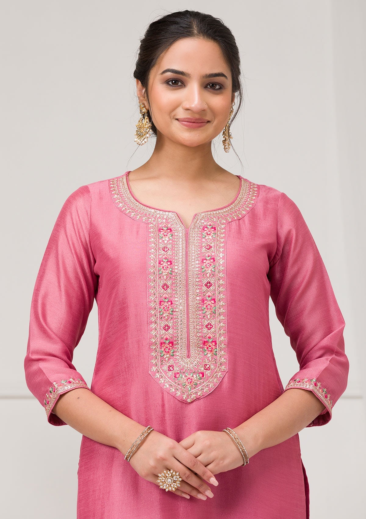Onion Pink Threadwork Raw Silk Readymade Salwar Suit-Koskii