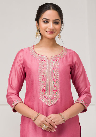 Onion Pink Threadwork Raw Silk Readymade Salwar Suit-Koskii