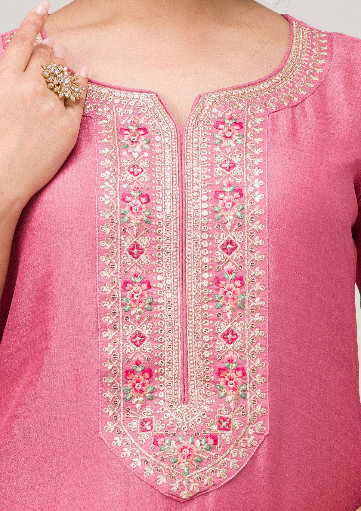 Onion Pink Threadwork Raw Silk Readymade Salwar Suit-Koskii