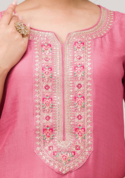 Onion Pink Threadwork Raw Silk Readymade Salwar Suit-Koskii