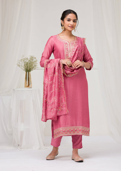 Onion Pink Threadwork Raw Silk Readymade Salwar Suit-Koskii