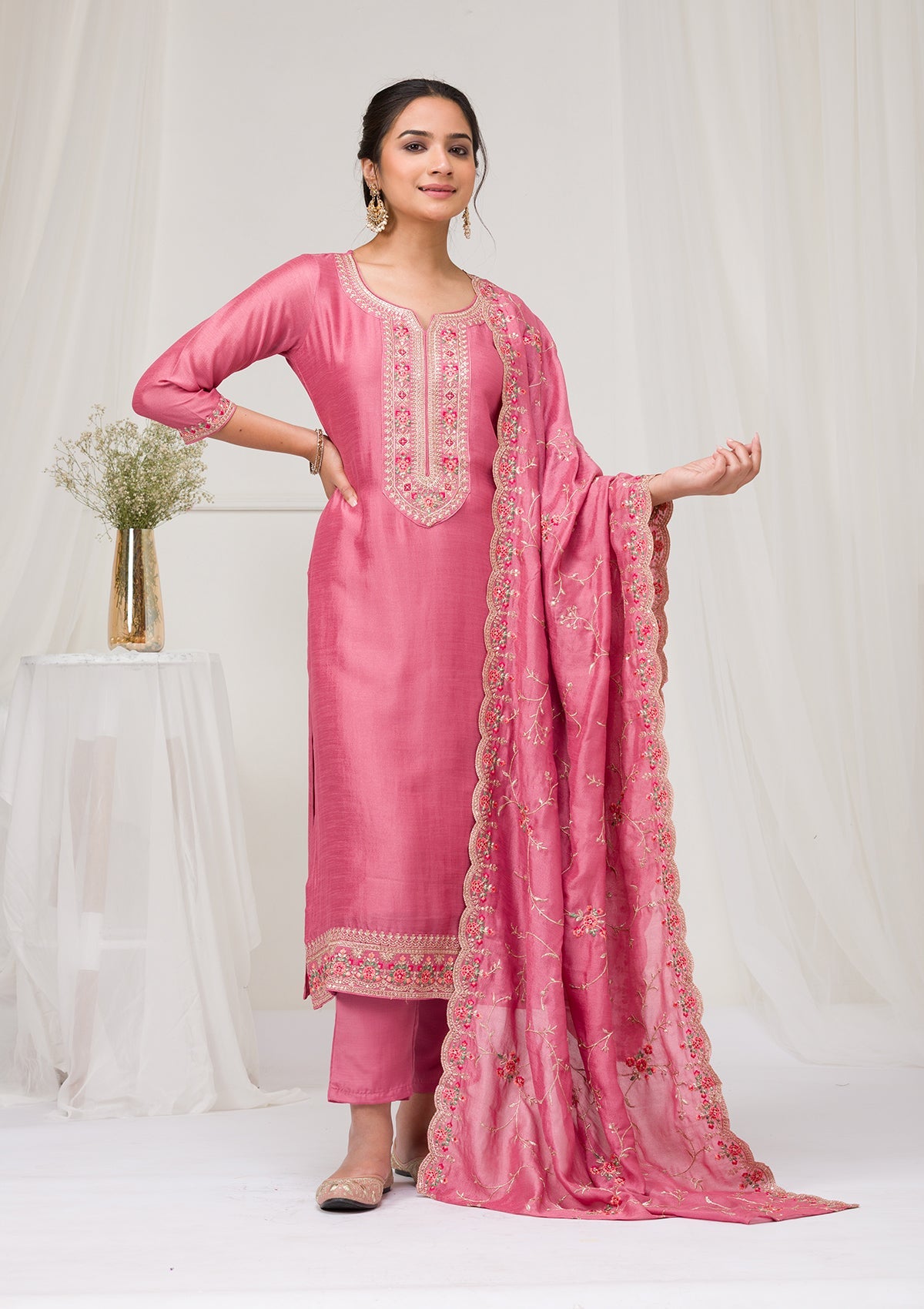 Onion Pink Threadwork Raw Silk Readymade Salwar Suit-Koskii