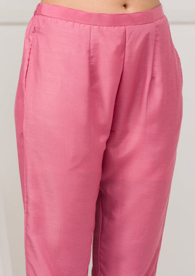 Onion Pink Threadwork Raw Silk Readymade Salwar Suit-Koskii