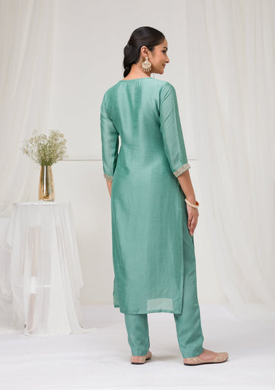 Sea Green Threadwork Raw Silk Readymade Salwar Suit-Koskii