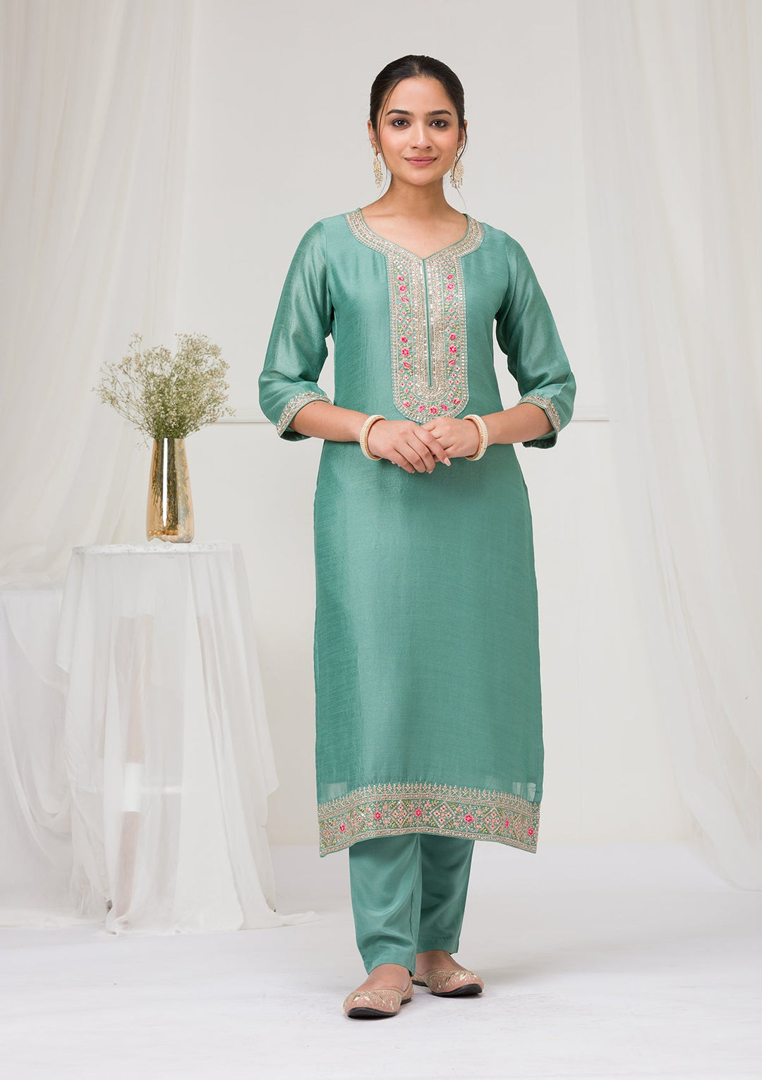Sea Green Threadwork Raw Silk Readymade Salwar Suit-Koskii
