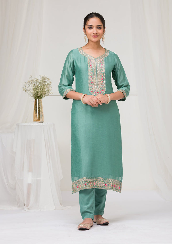 Sea Green Threadwork Raw Silk Readymade Salwar Suit-Koskii