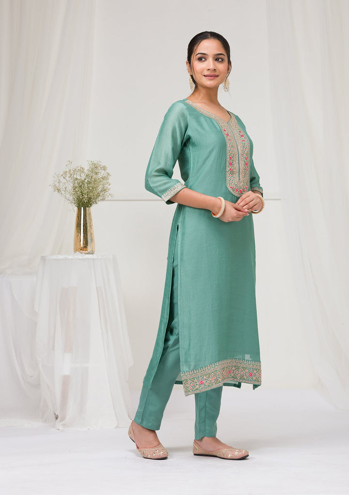 Sea Green Threadwork Raw Silk Readymade Salwar Suit-Koskii
