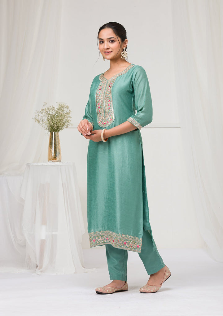 Sea Green Threadwork Raw Silk Readymade Salwar Suit-Koskii