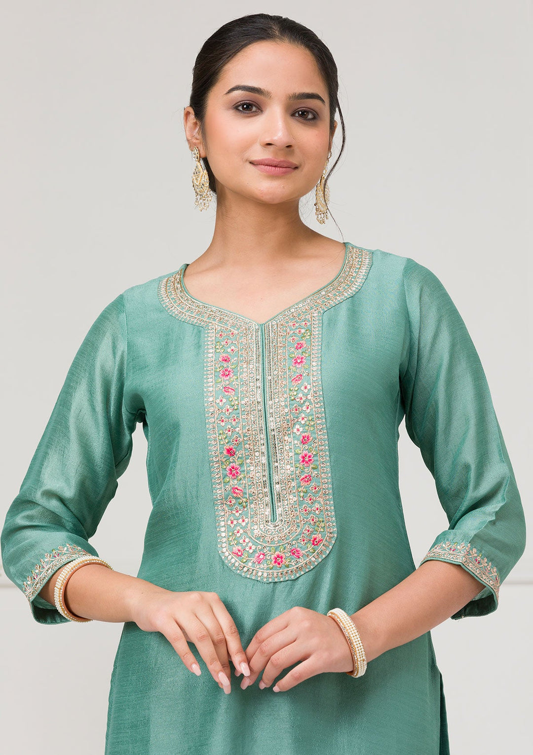Sea Green Threadwork Raw Silk Readymade Salwar Suit-Koskii