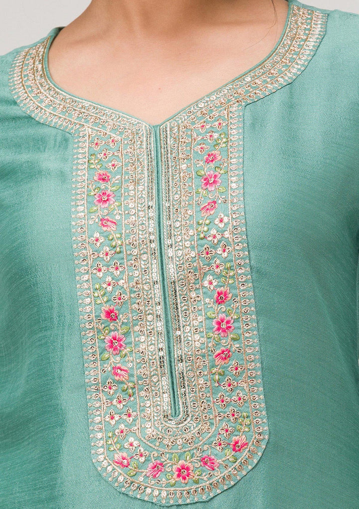Sea Green Threadwork Raw Silk Readymade Salwar Suit-Koskii