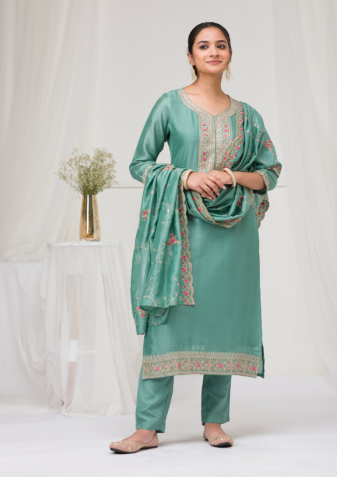 Sea Green Threadwork Raw Silk Readymade Salwar Suit-Koskii