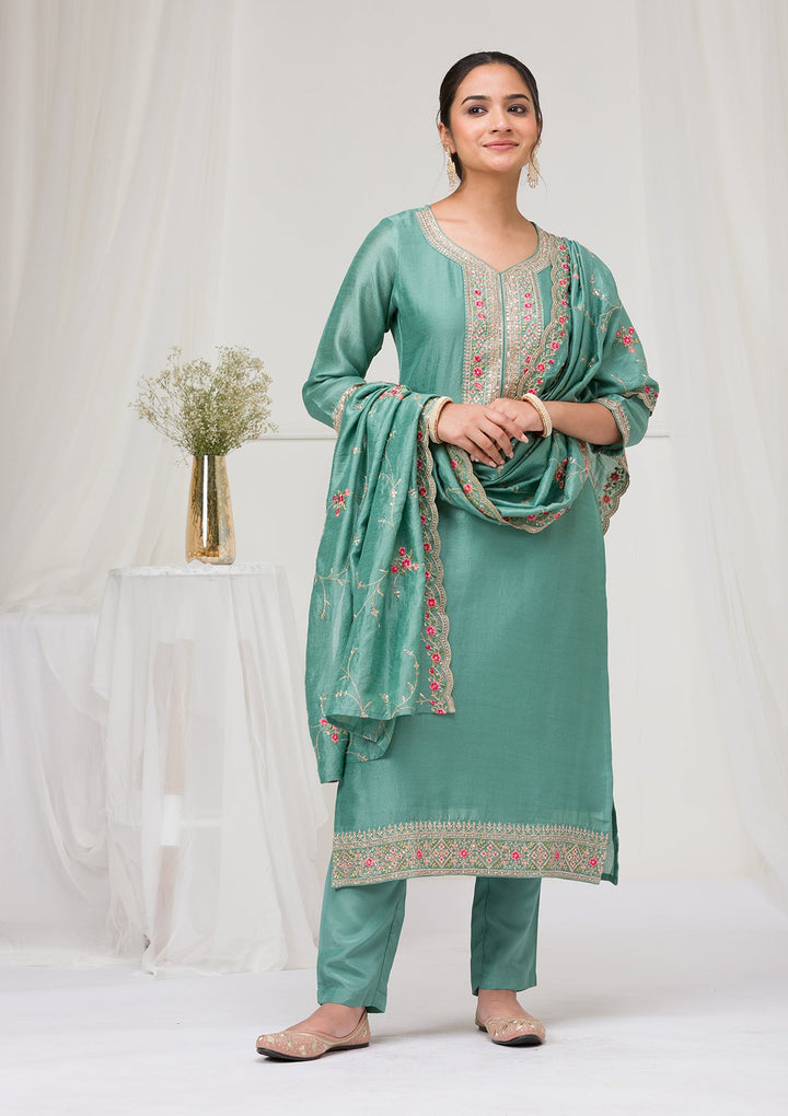 Sea Green Threadwork Raw Silk Readymade Salwar Suit-Koskii