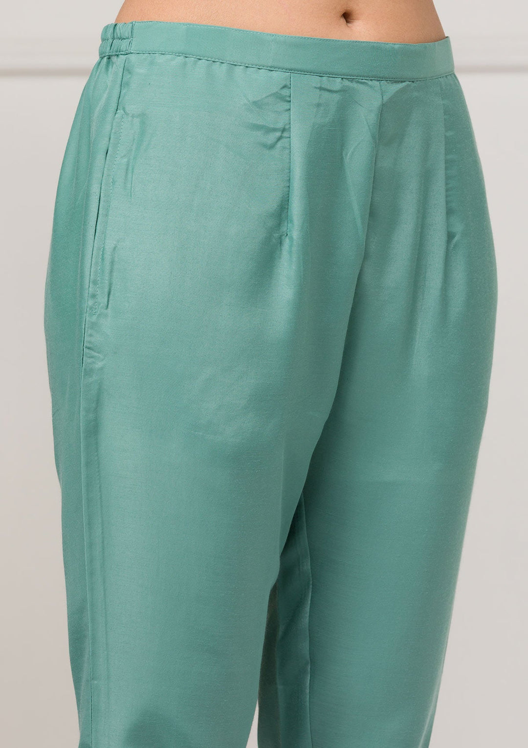 Sea Green Threadwork Raw Silk Readymade Salwar Suit-Koskii