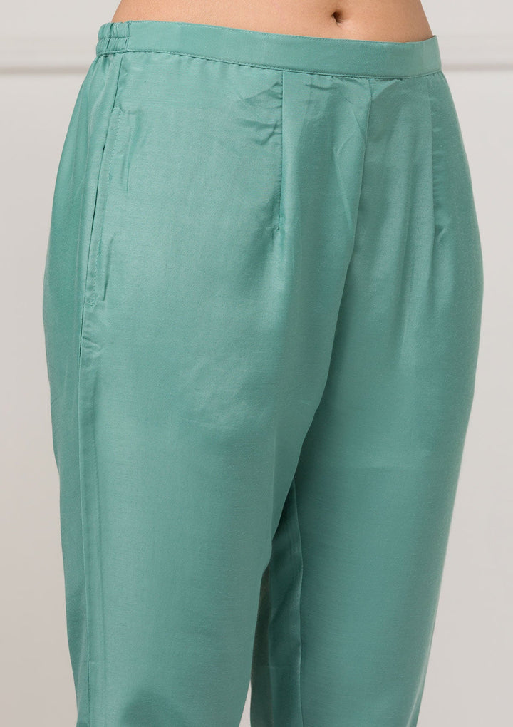 Sea Green Threadwork Raw Silk Readymade Salwar Suit-Koskii
