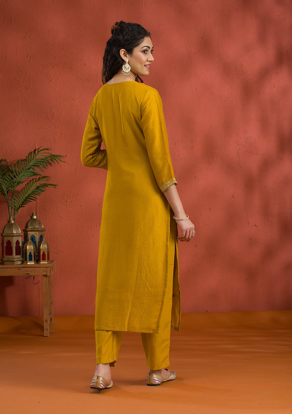 Mustard Threadwork Raw Silk Readymade Salwar Suit-Koskii