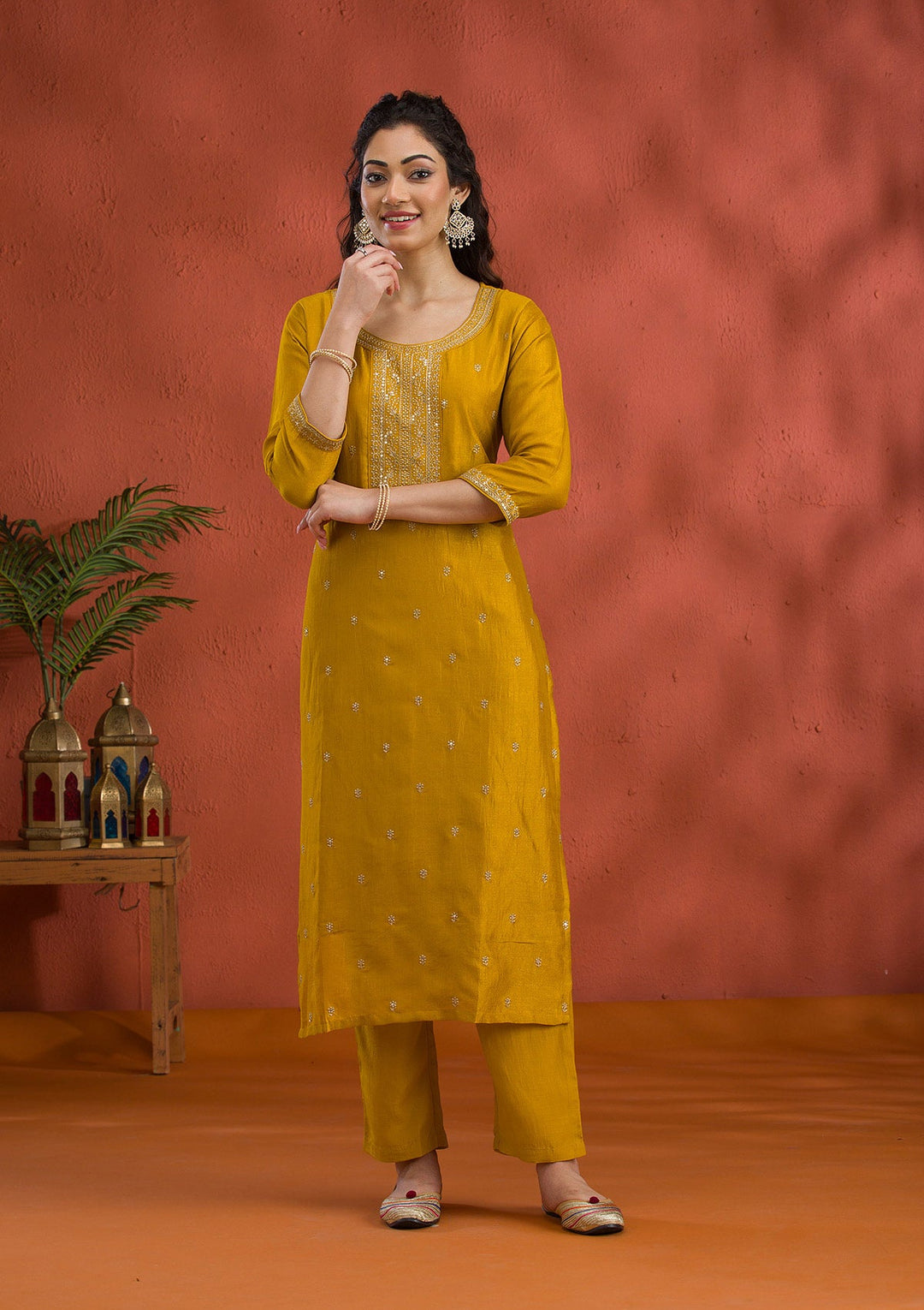 Mustard Threadwork Raw Silk Readymade Salwar Suit-Koskii