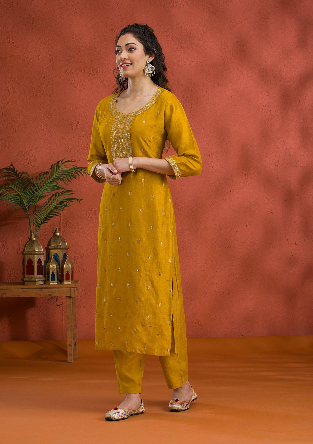 Mustard Threadwork Raw Silk Readymade Salwar Suit-Koskii