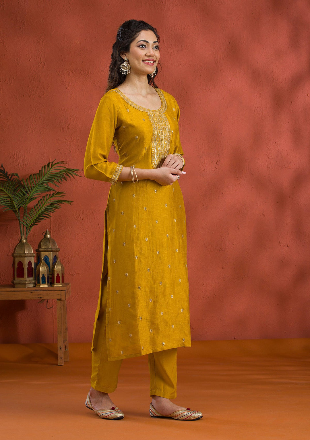 Mustard Threadwork Raw Silk Readymade Salwar Suit-Koskii