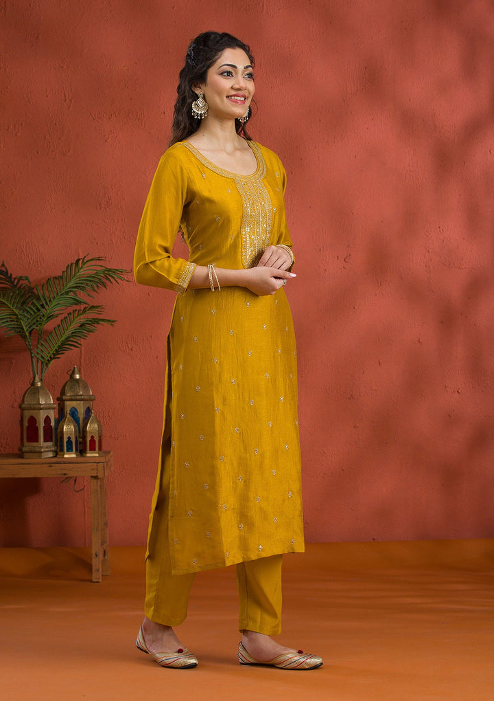 Mustard Threadwork Raw Silk Readymade Salwar Suit-Koskii