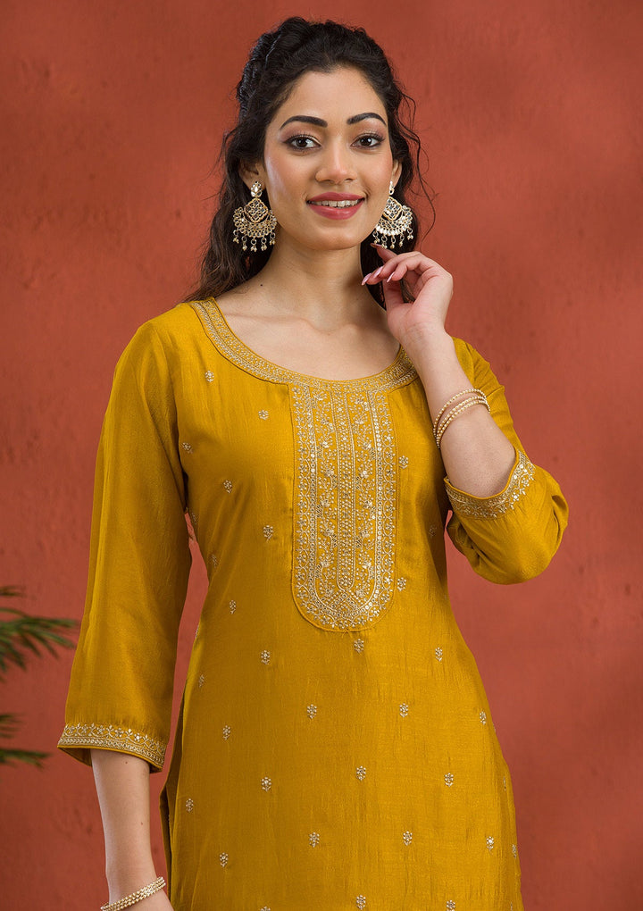 Mustard Threadwork Raw Silk Readymade Salwar Suit-Koskii