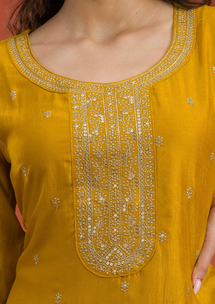 Mustard Threadwork Raw Silk Readymade Salwar Suit-Koskii