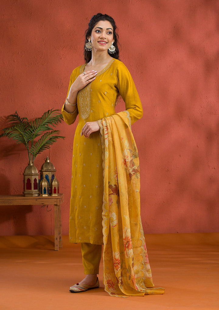 Mustard Threadwork Raw Silk Readymade Salwar Suit-Koskii
