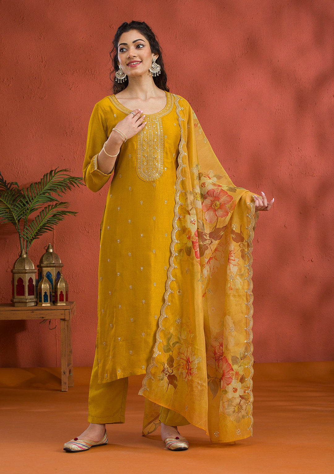 Mustard Threadwork Raw Silk Readymade Salwar Suit-Koskii