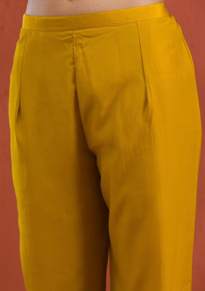 Mustard Threadwork Raw Silk Readymade Salwar Suit-Koskii