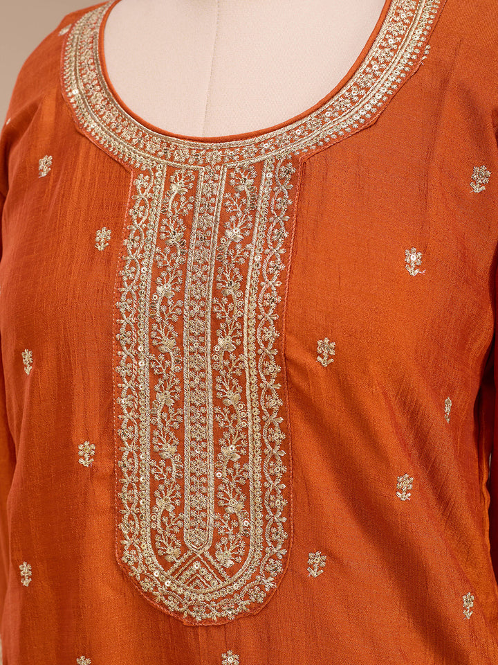 Orange Soft Raw Silk Gold Zariwork Straight Kurta With Pant Regular And Dupatta