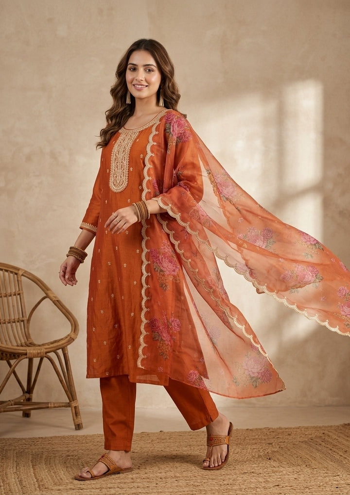 Orange Soft Raw Silk Gold Zariwork Straight Kurta With Pant Regular And Dupatta