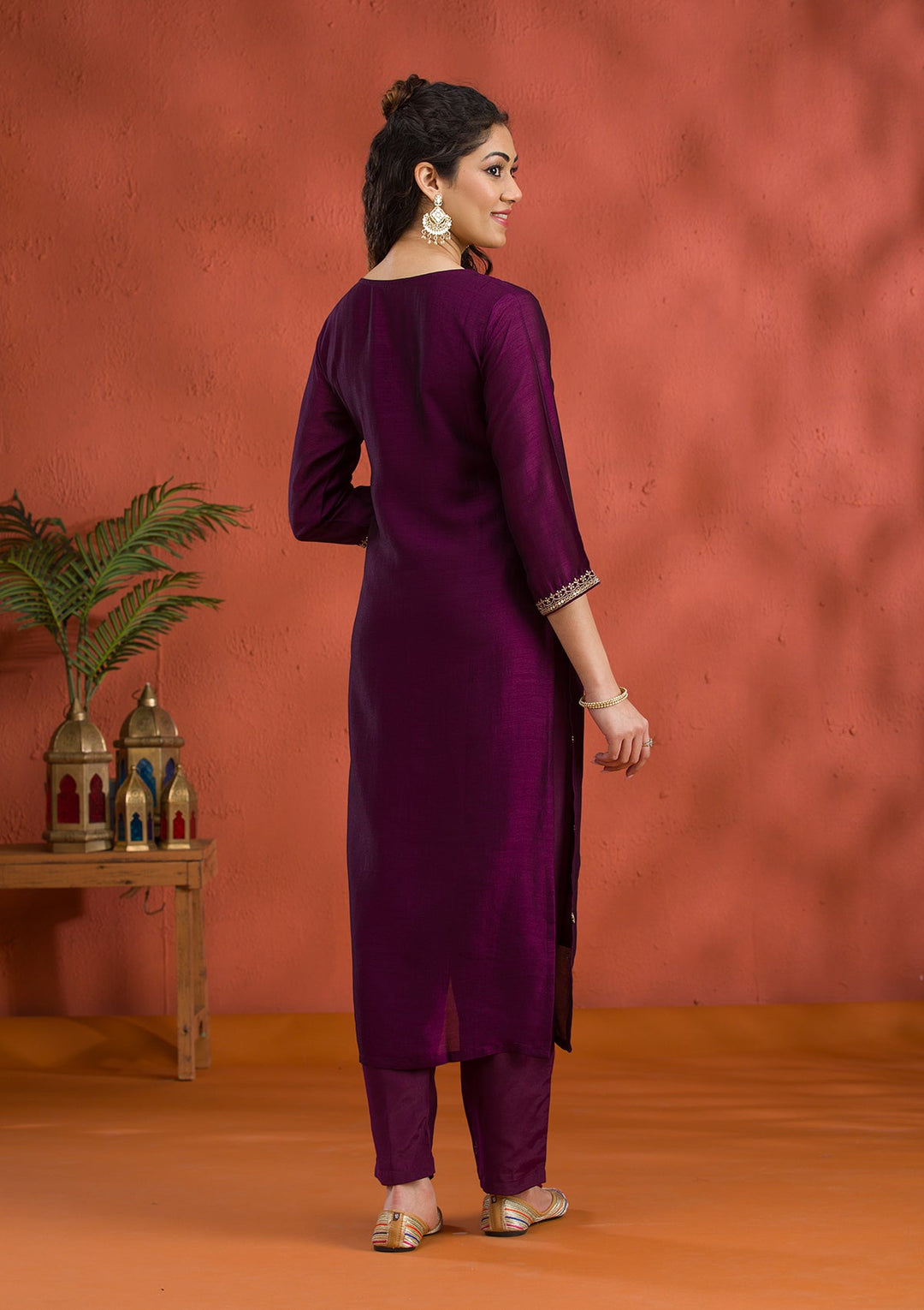 Purple Threadwork Raw Silk Readymade Salwar Suit-Koskii