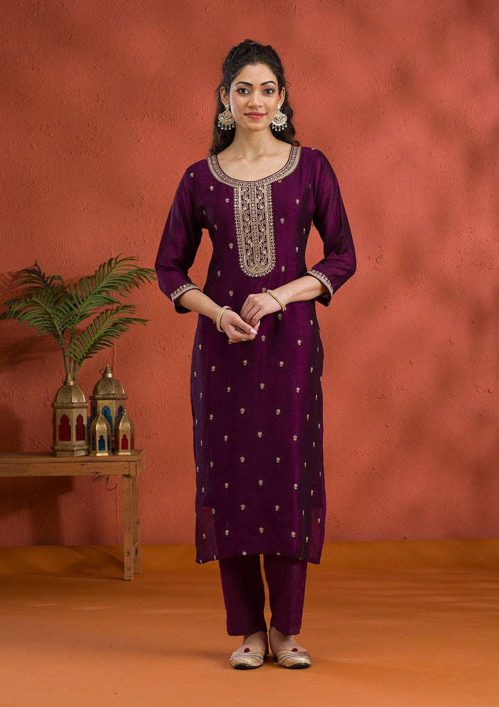 Purple Threadwork Raw Silk Readymade Salwar Suit-Koskii