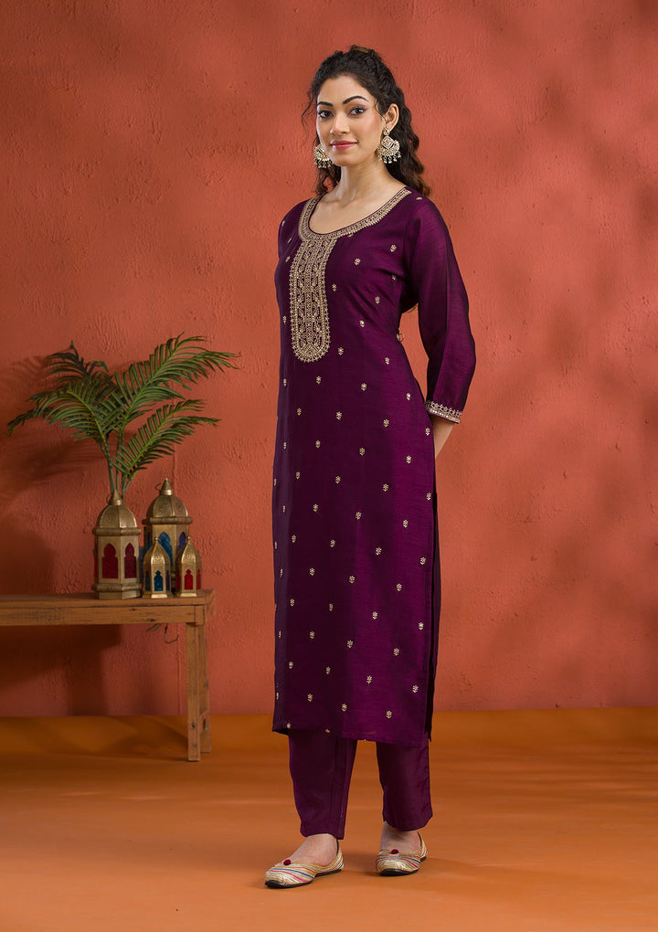Purple Threadwork Raw Silk Readymade Salwar Suit-Koskii