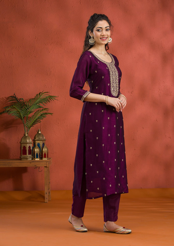 Purple Threadwork Raw Silk Readymade Salwar Suit-Koskii