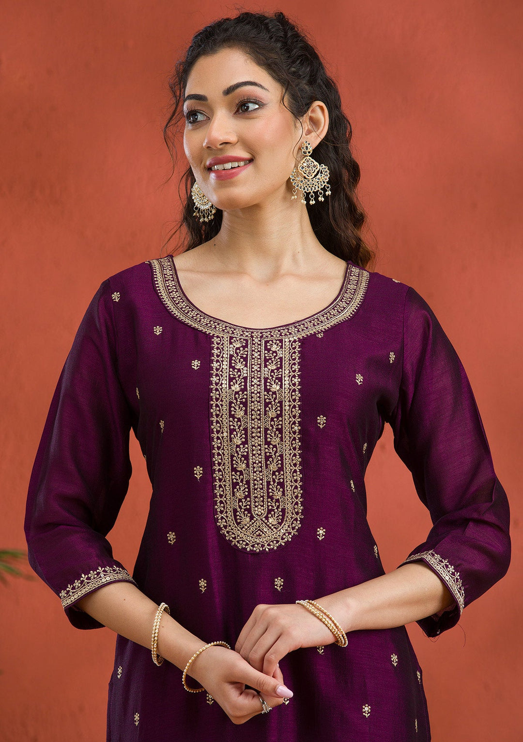 Purple Threadwork Raw Silk Readymade Salwar Suit-Koskii