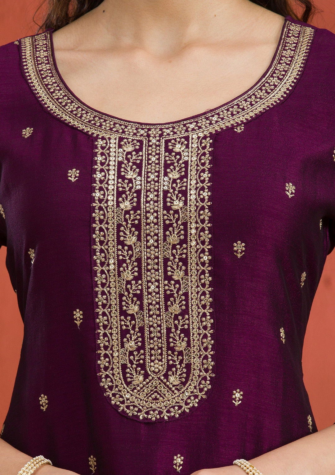 Purple Threadwork Raw Silk Readymade Salwar Suit-Koskii