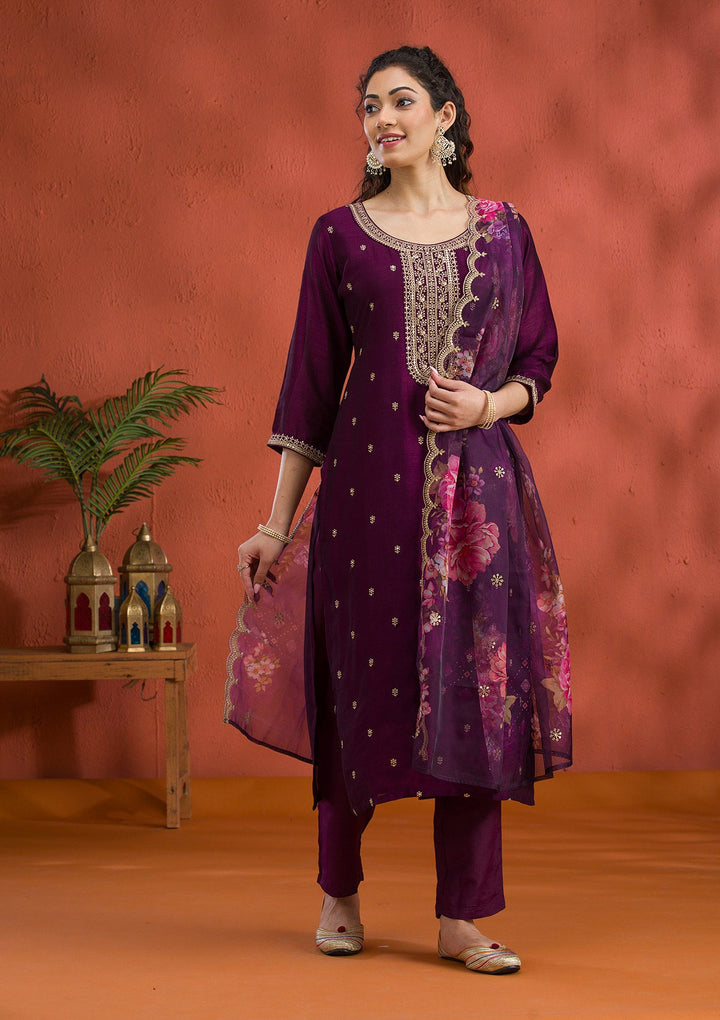 Purple Threadwork Raw Silk Readymade Salwar Suit-Koskii