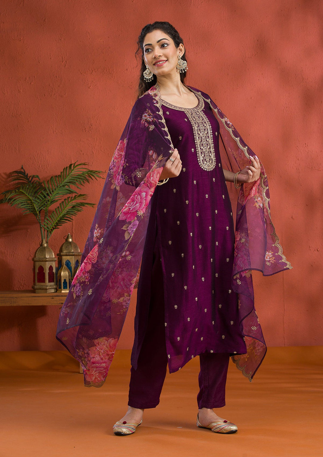Purple Threadwork Raw Silk Readymade Salwar Suit-Koskii