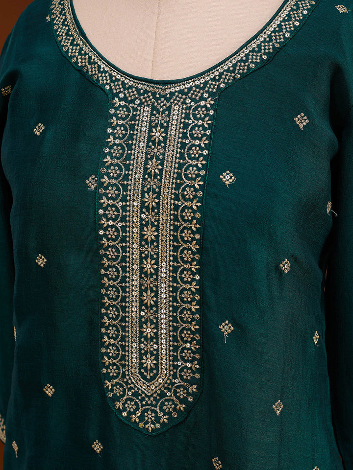 Bottle Green Soft Raw Silk Gold Zariwork Straight Kurta With Pant Regular And Dupatta