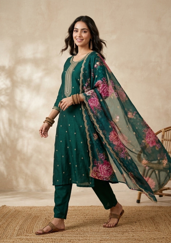 Bottle Green Soft Raw Silk Gold Zariwork Straight Kurta With Pant Regular And Dupatta
