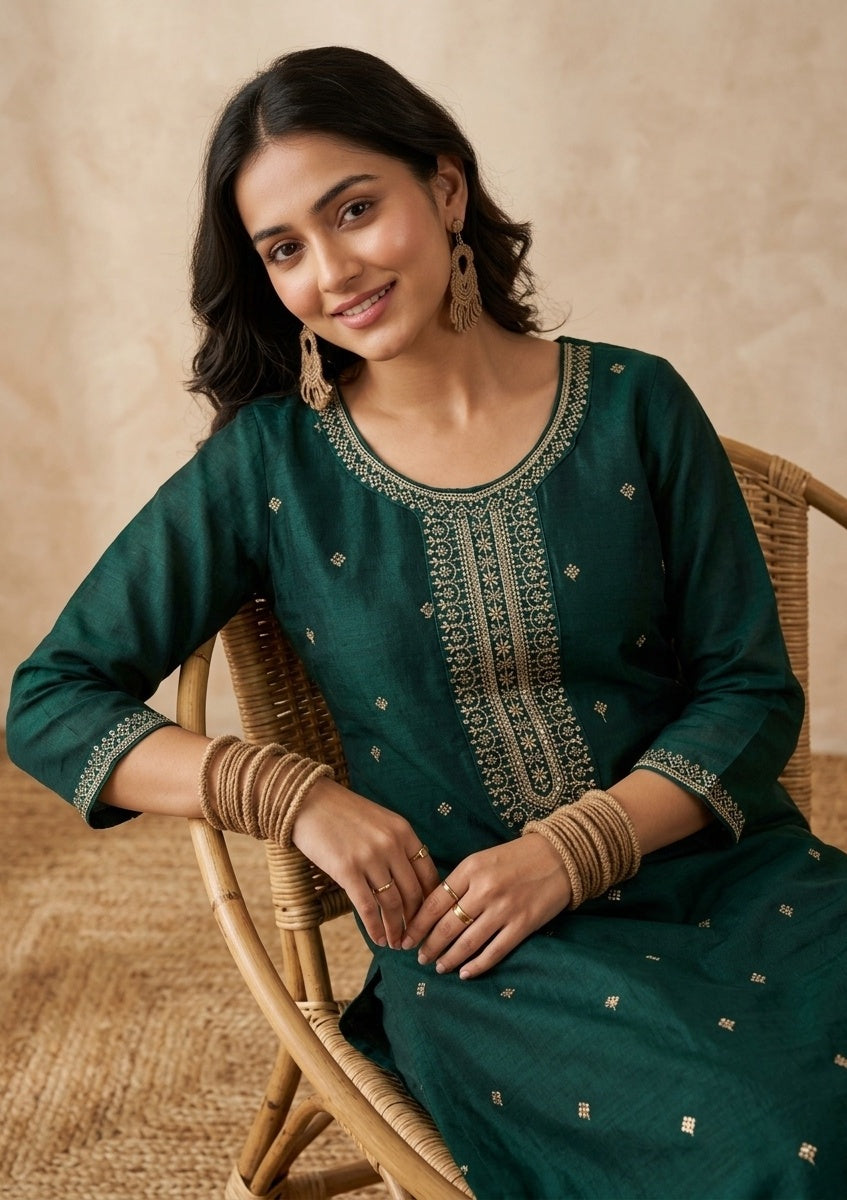 Bottle Green Soft Raw Silk Gold Zariwork Straight Kurta With Pant Regular And Dupatta