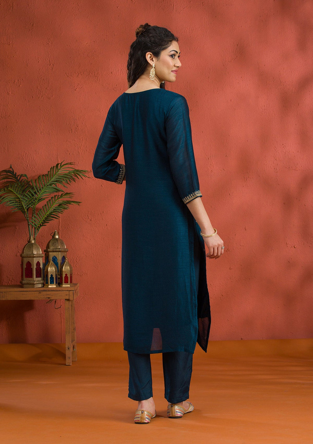 Peacock Blue Threadwork Raw Silk Readymade Salwar Suit-Koskii